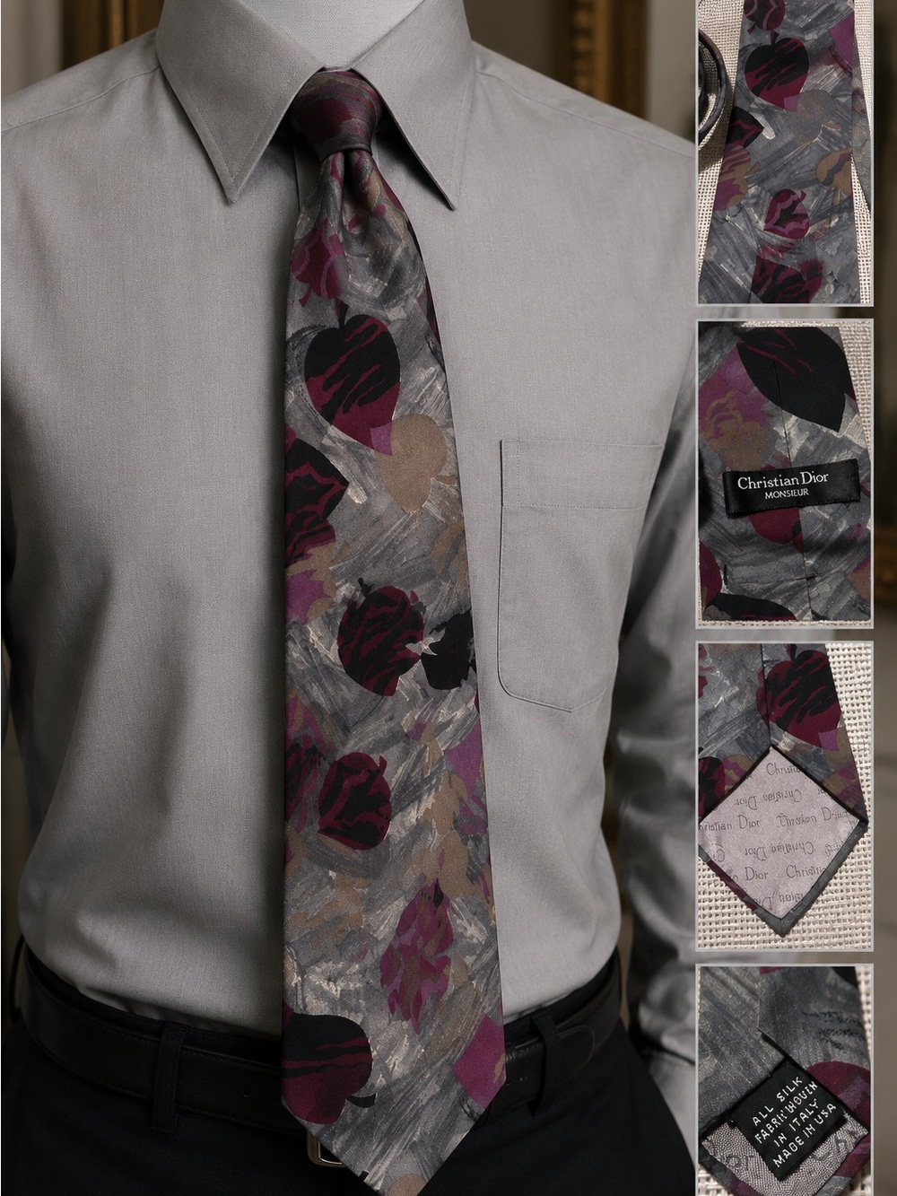 Christian Dior Monsieur 100% Silk Abstract Print Tie Gray Burgundy Vintage USA